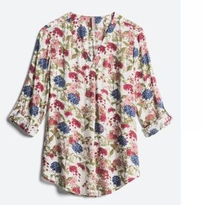 Brina and Em Floral Lemmy V-Neck Button Down Top Curved Hem Roll Sleeve Size L